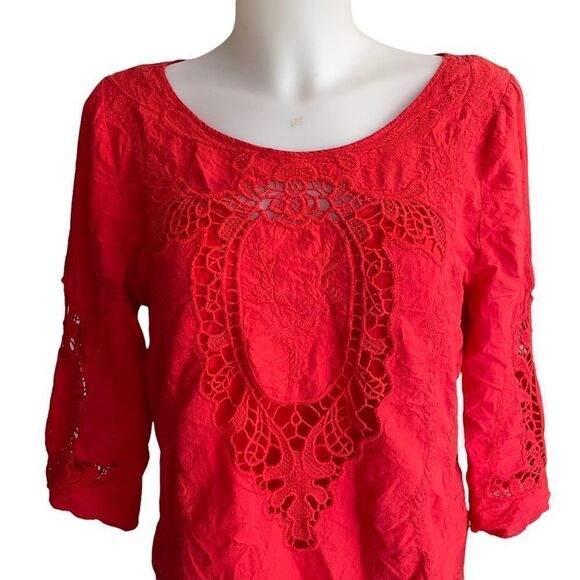 ANTHROPOLOGIE | SKIES ARE BLUE red orange embroidered blouse w/ inner tank sz M - Picture 2 of 9